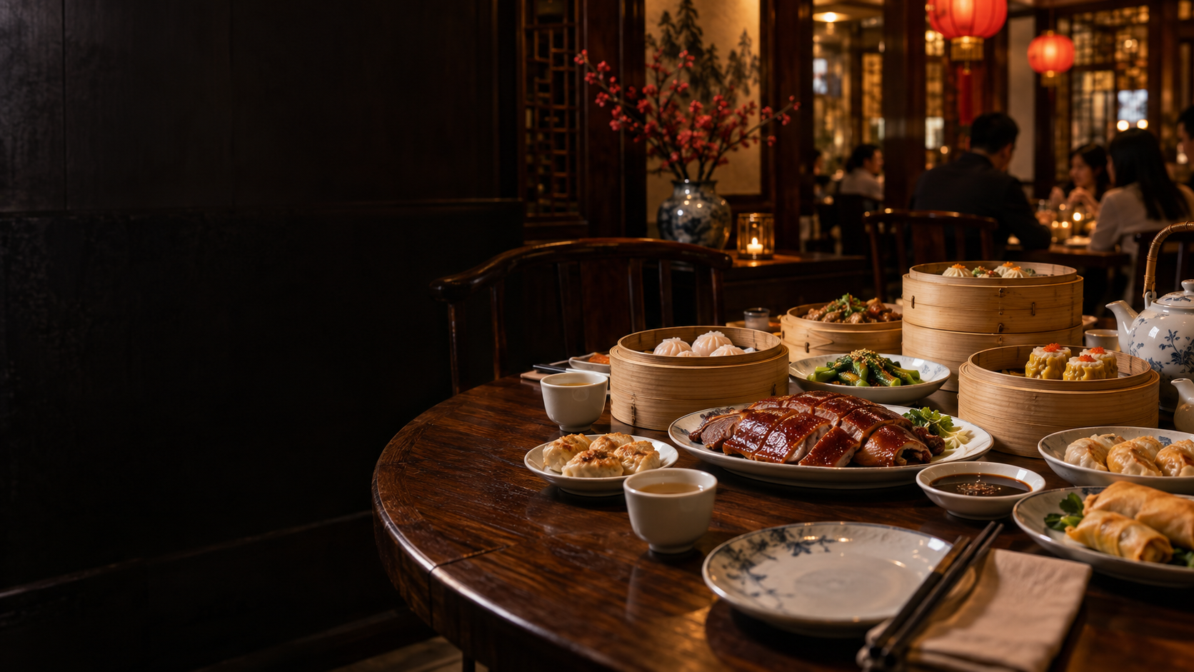 A Chinese dining table with dim sum and roast duck