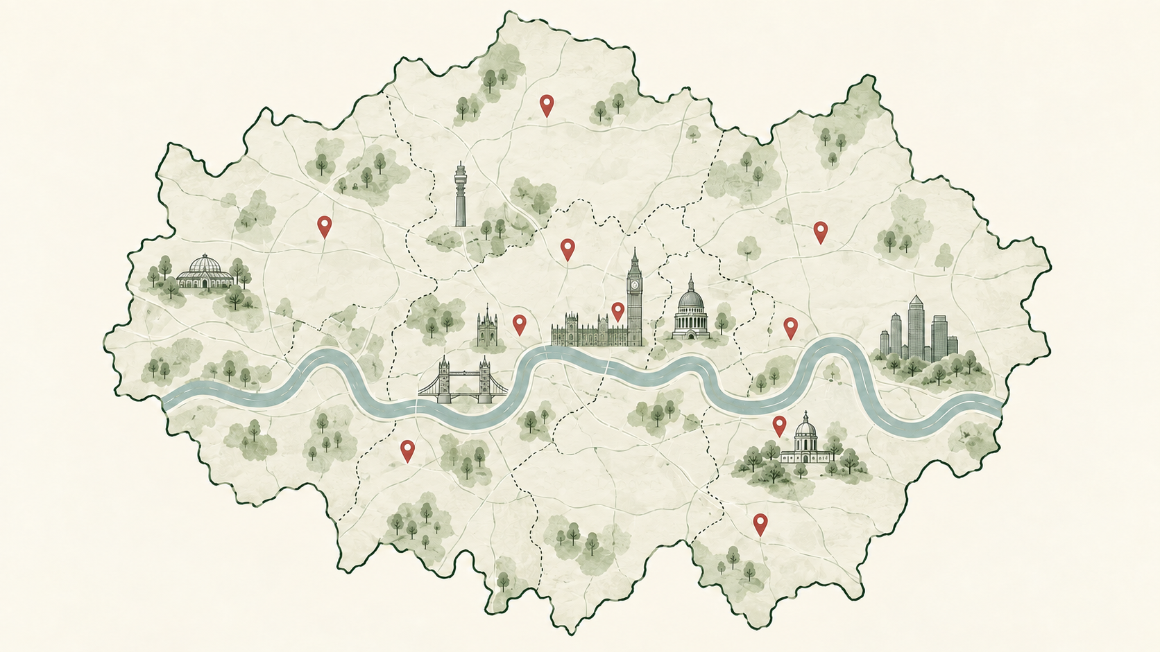 Illustrated Greater London map showing the River Thames, five London areas and restaurant markers